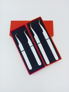 90-Degree Tweezer L Shape Fiber Tip Gold Finish White Handel <b>Box</b> Pack Smooth Tip Stainless Steel Professional Lashes Tool - Product Image 3