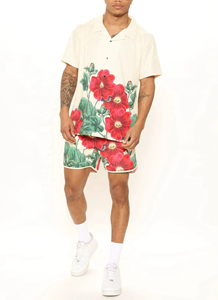 Ensembles 2 pièces en satin pour hommes, style décontracté, avec logo personnalisé, respirants, séchage rapide, imprimé hawaïen, chemise et short tissés – Vente en gros pour l'été - Product Image 2