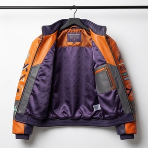 Blouson Bomber en Cuir Kinétique Orange et Violet pour Homme avec Patch Emblème Aigle, Col Rembourré, Style Cyberpunk Racing Streetwear - Product Image 5