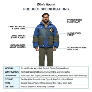 Blouson matelassé surdimensionné personnalisable pour homme en nylon recyclé, style streetwear épais, fermeture éclair, patchwork, OEM, hiver - Product Image 5