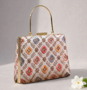 Designer Multicolor Embroidery Clutch White <b>Sequin</b> <b>Fabric</b> Outer Raw Silk Lining with Handle Lock and Chain Strap - Product Image 1