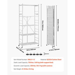 Scaffale Pieghevole a 5 Ripiani 81L X 36P X 183H Pollici, Unità di Stoccaggio in Metallo con 5 Ruote, Organizzatore Senza Montaggio per Alimenti - Product Image 4