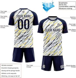 Maillot de football personnalisé sublimé blanc, bleu marine et jaune à rayures, col rond, manches courtes, pour homme, anti-humidité, uniforme adulte - Product Image 4