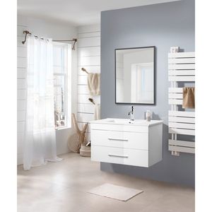 Mobile Bagno Sospeso Bianco Lucido da 32 Pollici con Doppio Cassetto, Sistema Soft Close, Lavabo in Ceramica e Struttura in Alluminio - CRE - Product Image 1