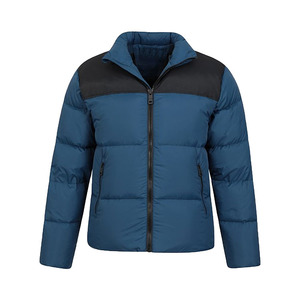 <b>Men's</b> Blue Puffer <b>Jacket</b> With <b>Black</b> Shoulder Panel Stand Collar Windproof Down Filled Casual Winter Wear Regular Fit - Product Image 5