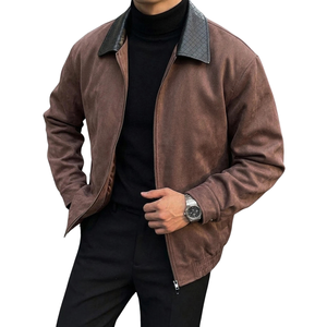 Chaqueta Bomber de Invierno para Hombre, Estilo Gamuza Marrón, con Forro de Lana Sherpa, Cuello Acolchado en Contraste, Cierre Frontal Completo, Manga Larga y Dobladillo Acanalado - Product Image 1