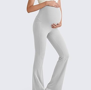 Women's Summer Maternity <b>Flared</b> High Waist Seamless Knitted Breathable Quick Dry Pink Sports Gym Fitness Yoga <b>Leggings</b> Pants - Product Image 2