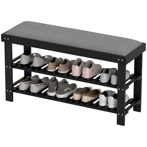 Panca Portascarpe Moderna a 3 Ripiani in Bambù con Cuscino e Design Regolabile per Ingresso e Corridoio - Nera - Product Image 1