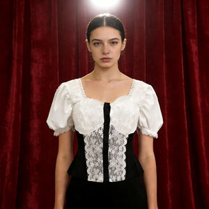 Offre spéciale sur Temu : Blouse élégante noire et blanche à patchwork de dentelle pour femme, manches bouffantes, col carré, coupe ajustée, style streetwear décontracté - Product Image 2