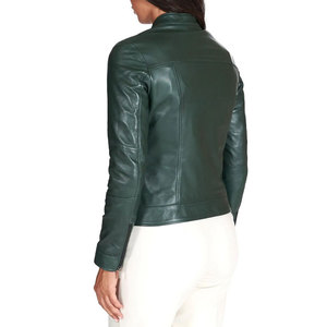 Veste de motard en simili cuir vert foncé pour femme, fermeture éclair, col montant, manches longues, veste de motard tendance pour femme - Product Image 3