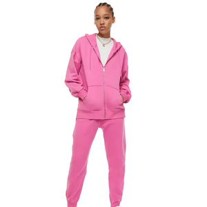 Women Pink Hooded Zip-Up Sweatshirt Full Sleeve Solid Color Casual Loose Fit 100% Cotton Autumn Streetwear <b>Tracksuit</b> Top - Product Image 3