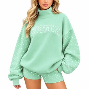 Ensemble court pour femme à col montant, sweat-shirt doux à manches longues et short assorti à pois, tenue moderne deux pièces confortable et ample - Product Image 4
