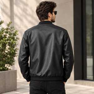 Blouson bomber en cuir PU noir pour homme, col montant, fermeture éclair, style décontracté, veste de motard, automne - Product Image 2
