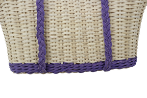 Bolso Tote Ovalado de Mimbre Tejido a Mano - Bolso de Hombro en Forma de Barco de Dos Tonos, Morado y Natural, para Verano y Uso Casual - Product Image 3