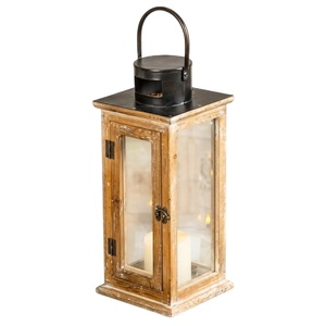 Farmhouse Hanging Candle Lantern Rustic Wooden Hurricane Candle Holder With Glass & Metal <b>Top</b> Distressed Finish For Fireplace - Product Image 1