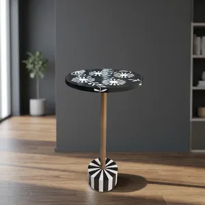 Modern Round Decorative <b>Side</b> <b>Table</b> with Patterned Wooden <b>Top</b> Metal Pedestal Geometric Base Contemporary Accent Furniture - Product Image 3