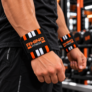 Bandes de maintien pour poignets Rhino Fitness en coton camouflage avec impression réfléchissante noir-orange, support pour haltérophilie, fermeture auto-agrippante - Product Image 4