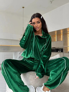 Conjunto Deportivo de Terciopelo para Mujer, Verde, Top con Cierre y Manga Larga, Pantalones Anchos, Corte Holgado, Color Sólido, para Todas las Temporadas - Product Image 4