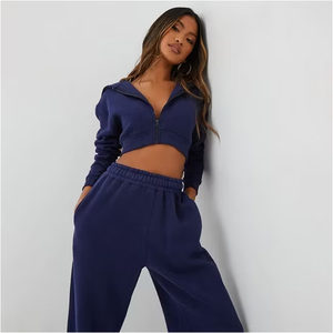 Combinaison à capuche bleu marine pour femme, manches longues, taille haute, coupe ample, longueur intégrale, couleur unie, tricotée, décontractée, toutes saisons - Product Image 3