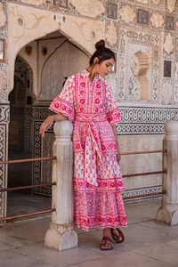 Sweet Style High Fashion Women's Three-Quarter <b>Balloon</b> Sleeve V-Neck Midi Length Summer Boho Maxi Dress Woven Natural Waistline - Product Image 2