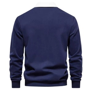 Mens Short Sleeve Knitted for Shirt Solid <b>Navy</b> Blue Contrast Collar Button Front Anti-Wrinkle Cotton Golf Style Smart Casual - Product Image 2