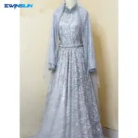 Muslim Wedding Dress with Veil for Bridal, Baby Blue Stain