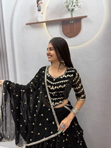 Black Embroidered Floor-Length Quick Dry <b>Lehenga</b> Set <b>Women</b> Indian Pakistani Outfit Floral Border Net Dupatta Wedding Party Dress - Product Image 6