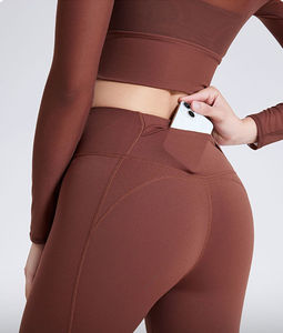 Conjunto de yoga de 2 piezas para mujer: Top corto de malla de manga larga con cuello alto y leggings de cintura alta transpirables de color liso - Product Image 6