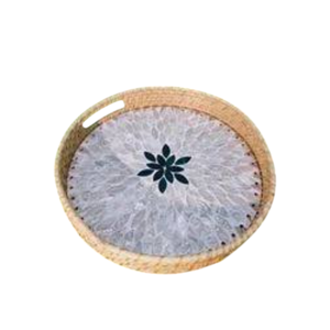 Handcrafted Mother Of Pearl Inlay <b>Black</b> & White Floral Wooden <b>Serving</b> <b>Tray</b> Set Decorative Ottoman Coffee Table <b>Tray</b> With Handles - Product Image 3