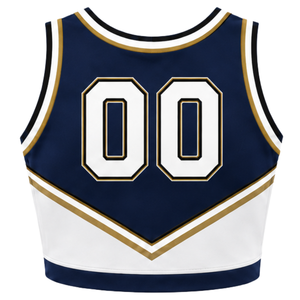Haut court de cheerleading bleu marine et blanc doré pour femme, sans manches, col en V, pour performance athlétique, uniforme d'équipe de cheerleading, compétition - Product Image 2