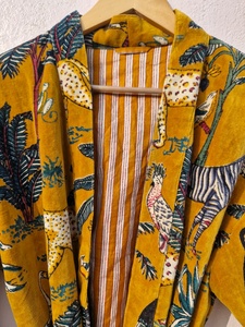 Yellow Jungle Print Velvet Kimono <b>Robe</b> Handmade Tea <b>Coat</b> Velvet Tiger Print Kimono <b>Robe</b>: Handmade Velvet Cotton Blend Nightwear - Product Image 2