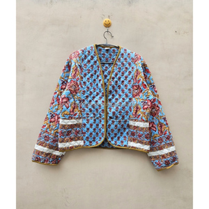 Abrigo de invierno acolchado bohemio hecho a mano para mujer, Top de lino tejido con bordado a cuadros a rayas Retro y botones multicolores - Product Image 1