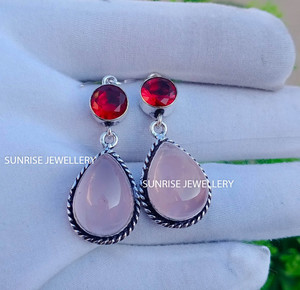 Boucles d'oreilles pendantes en argent sterling 925 avec quartz rose naturel, faites à la main, bijoux en gros - Product Image 5