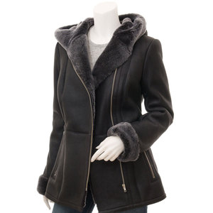Veste à capuche en cuir noir sur mesure pour femme avec garniture en fourrure, fermeture éclair, manches longues, manteau d'hiver - Product Image 5
