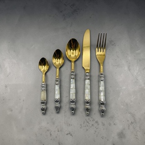 Gold Plated Cutlery Set With Mother Of Pearl Handles Vintage Design <b>Mirror</b> Finish Dinner Spoon Fork Knife Long Handle - Product Image 1