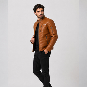 Blouson Moto Homme TwillSports en Cuir PU Marron Col Montant Matelassé Fermeture Éclair Avant Logo Personnalisé Coupe Ajustée Vêtement d'extérieur - Product Image 5