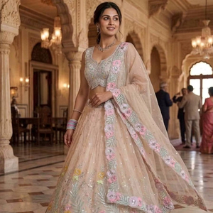 ชุดเลเฮนกาโชลีปักลายดอกไม้สุดหรู พร้อมผ้าคลุมไหล่เน็ต – ชุดแต่งงานสีพาสเทลดีไซน์เนอร์สำหรับผู้หญิง - Product Image 1