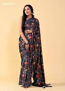 Beautiful Japan <b>Satin</b> Silk with Kalamkari & Floral Print <b>Saree</b>- Silk Blouse Collection Supplier from India Wholesale Supply - Product Image 3