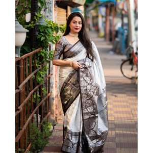 ATRACTIVO BANARASI SEDA ORO ZARI TRABAJO TEJIDO SAREE CON BLUSA SIN COSTAR BLANCO - Product Image 1