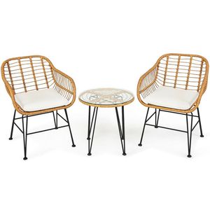 Set di Mobili da Esterno in Rattan - 3 Pezzi, Resistente Arredo per Balcone con Sedie Imbottite e Tavolo - Product Image 1