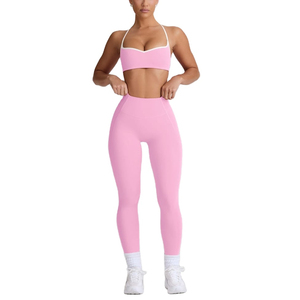 New Wholesale Women's Mid Waist Sports Bras and Yoga <b>Leggings</b> Gym Fitness Set Splice Color Breathable Solid <b>Pattern</b> - Product Image 2