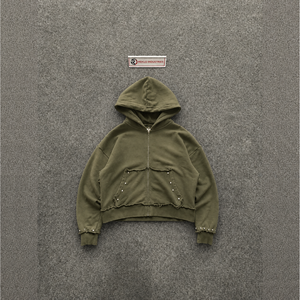 Olive Oversized Zip Up Hoodie Vintage Washed Heavyweight Cotton Streetwear Unisex Relaxed Fit Casual Distressed Pocket Design - Product Image 5