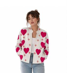 Heart Pattern Embroidered Bomber Jacket For <b>Women</b> <b>Spring</b> Stand Collar Full Sleeve Open Closure Woven Polyester <b>Coat</b> - Product Image 2