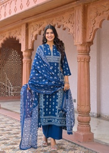Traditional <b>Indian</b> Women's Blue Cotton Quick Dry Regular Fit Knee-Length <b>Kurta</b> Set for Diwali Wedding & Party Wear - Product Image 5
