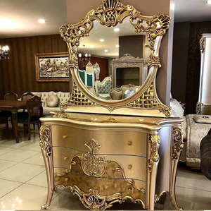 Contemporary white and gold carved wooden console <b>table</b> with wide decorative <b>mirror</b>, available at wholesale prices. - Product Image 5