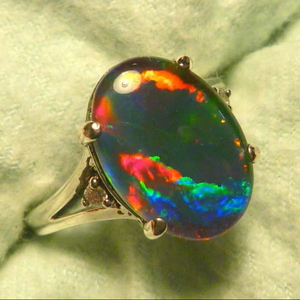 925 Sterling Silver Platinum Plated Natural Black <b>Opal</b> <b>Ring</b> with Oval Cut Diamonds Inlaid for Women's - Product Image 1