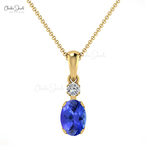 Pendentif ovale naturel 7x5mm en Tanzanite et Diamant, en Or massif 14 carats, Collier pendentif suspendu, Fournisseur en gros - Product Image 3
