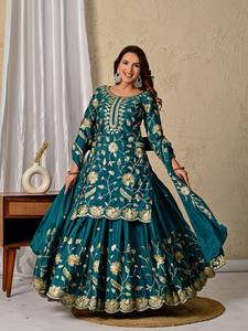 Lehenga choli de seda chinnon azul verde radiante con bordado de lentejuelas brillantes, mangas largas, atuendo étnico perfecto para bodas. - Product Image 2