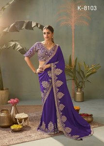Sari élégant en organza de soie brodé avec des paillettes et des fils, chemisier en soie mono banglori, vêtements ethniques de créateur. - Product Image 2