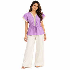 Débardeur à dentelle et manches courtes avec peplum pour femme – T-shirt décontracté d'été en tissu doux – Spécial été toute saison - Product Image 1